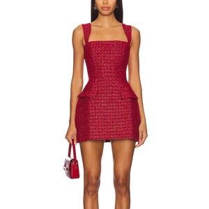 Amanda Uprichard Red Tweed Square-Neck Mini Dress